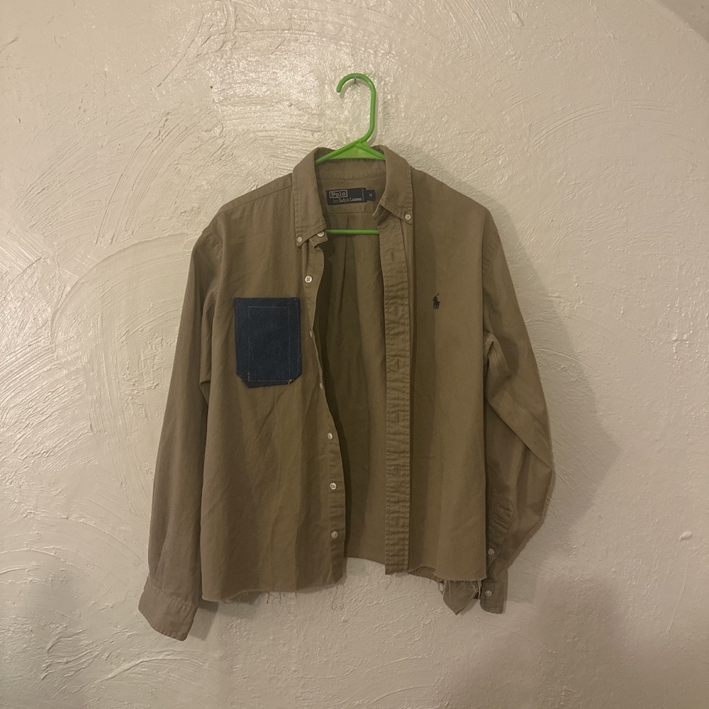 reworked polo button down with added jean pocket on right chest